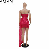 Plus size dress Sexy sleeveless breast mesh stitching bag hip skirt party sequin dress