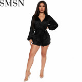 One piece jumpsuit 2022 autumn and winter V neck low cut sexy pleated lace up casual jumpsuit
