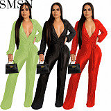 Bodycon jumpsuit 2022 autumn and winter low cut sexy lapel long sleeve draping pleated jumpsuit