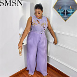 Romper jumpsuit round neck sleeveless rhinestone casual loose pleated jumpsuit women with belt