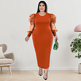 Plus Size Dress fall women clothing wholesale round neck long sleeve hit net dress