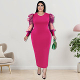 Plus Size Dress fall women clothing wholesale round neck long sleeve hit net dress