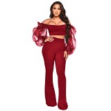 2 piece set women Amazon new sexy off shoulder organza puff sleeve suit