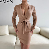 Plus Size Dress 2022 autumn and winter deep v neck long sleeve solid color sheath dress for women