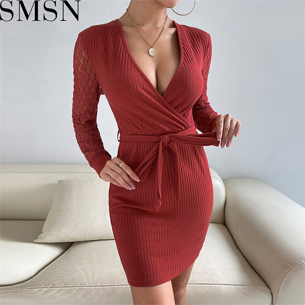Plus Size Dress 2022 autumn and winter deep v neck long sleeve solid color sheath dress for women