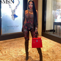 Women jumpsuits and rompers 2022 autumn new fashion floral printed sexy see through one shoulder jumpsuit