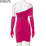 Plus Size Dress 2022 Autumn New INS fashion off neck pleating high waist sexy dress