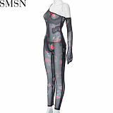 Women jumpsuits and rompers 2022 autumn new fashion floral printed sexy see through one shoulder jumpsuit