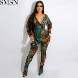 Two piece set women clothing New Random Printed Shirt Bootleg Pants Suit Two Piece Set