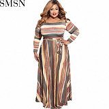Plus Size Dress Amazon autumn and winter New striped print with belt stylish loose plus size women dress