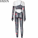 Women jumpsuits and rompers 2022 autumn new fashion floral printed sexy see through one shoulder jumpsuit