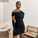 Plus Size Dress 2022 Autumn New INS fashion off neck pleating high waist sexy dress