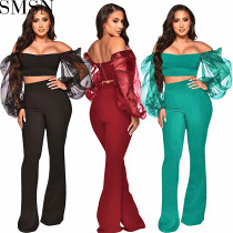 2 piece set women Amazon new sexy off shoulder organza puff sleeve suit