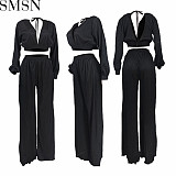 Two piece outfits Amazon new fashion sexy V neck pleated suit cross border women clothing
