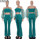 2 piece set women Amazon new sexy off shoulder organza puff sleeve suit