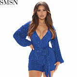 Sexy women jumpsuits autumn and winter V neck sequined lantern sleeve night club style sexy jumpsuit