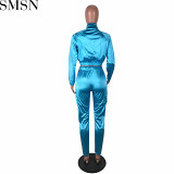 2 Piece Set Women Amazon hot sale luminous tape splicing sports casual two piece suit