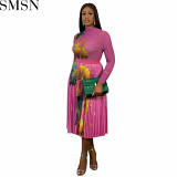 Two Piece Set Women Clothing 2022 autumn and winter New Fashion printed pleated high waist skirt suit