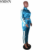 2 Piece Set Women Amazon hot sale luminous tape splicing sports casual two piece suit
