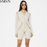 One piece jumpsuit 2022 autumn new solid color casual polo collar snap button hollow out long sleeve short jumpsuit