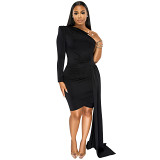Plus Size Dress fashion solid color single sleeve casual diagonal collar dress women clothing