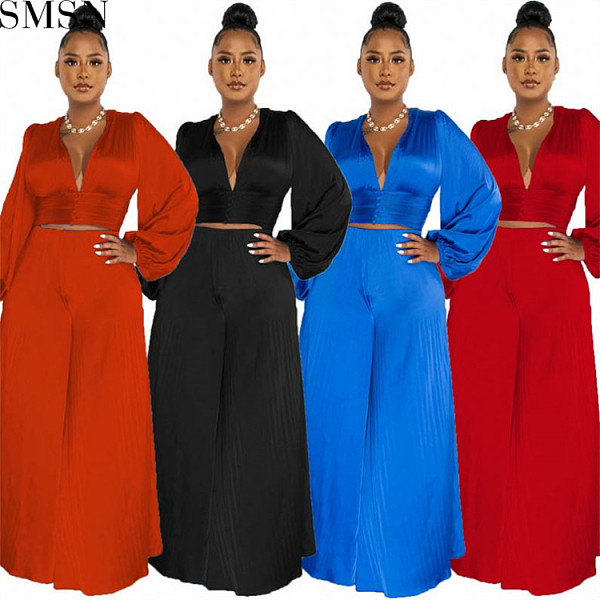Two piece set women clothing Amazon hot sale autumn and winter New pleated sexy V neck top wide leg pants casual suit