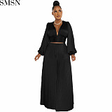 Two piece set women clothing Amazon hot sale autumn and winter New pleated sexy V neck top wide leg pants casual suit