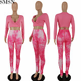 2 piece set women Amazon solid color cross tied top plus printed trousers two piece set