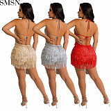 Sexy women jumpsuits Amazon new tassel sequins lace up party jumpsuit