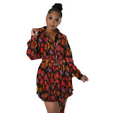 Plus Size Dress Amazon hot sale fashion pleated print cinched blouse style belt dress