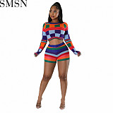 Two Piece Set Women Clothing autumn and winter round neck contrast color wool long sleeve shorts two piece set