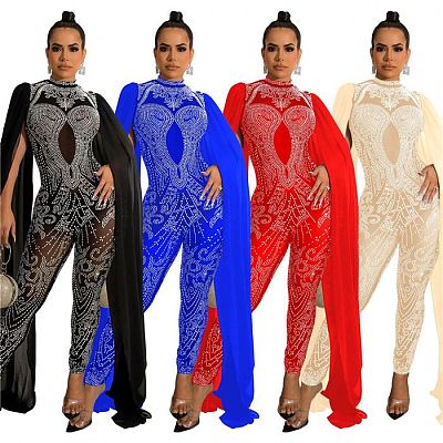 Womens fall clothing mesh rhinestone jumpsuit for women cloak sleeve prom jumpsuit