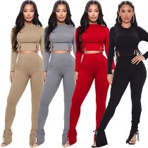Boutique clothing women drawstring crop top sets ribbed fall sets