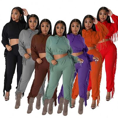 2023 new arrivals women tassel casual suit for women hoodies and sweat pants set