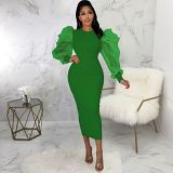Sexy solid color mesh long sleeve o neck women dress