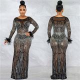 Rhinestone mesh see through long dress women lady luxury formal party evening dress