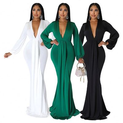 Trendy design v-neck evening dresses women long lantern sleeve satin maxi dress