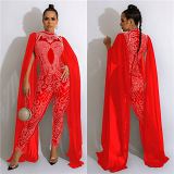 Womens fall clothing mesh rhinestone jumpsuit for women cloak sleeve prom jumpsuit