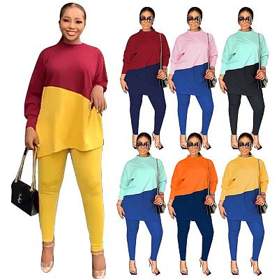 Fashion casual color blocking long sleeve t shirt and pants womens sets