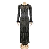 Rhinestone mesh see through long dress women lady luxury formal party evening dress