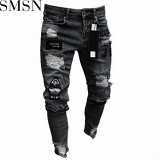 European and American AliExpress white high end denim men pants ripped trendy black slim jeans men