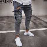 Amazon stretch men jeans trendy knee ripped zipper skinny trousers wholesale