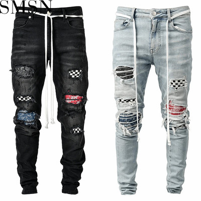 2020 European and American new men high end slim fit ripped ankle tied pants new men jeans