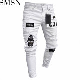 European and American AliExpress white high end denim men pants ripped trendy black slim jeans men