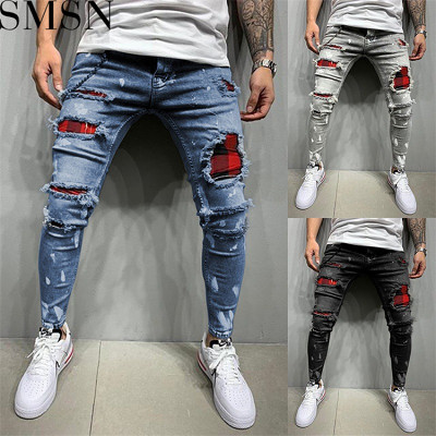 European and American new men slim fit ripped ankle tied pants new men paint jeans