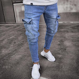 Amazon stretch men jeans trendy knee ripped zipper skinny trousers wholesale