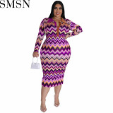 Plus Size Dress European and American long sleeve collar printed open tube fashion dress