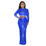 2 piece outfits European and American fashion mesh hot drilling seethrough long sleeve dress two piece set