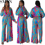 One piece jumpsuit Amazon 2022 fashion casual printing loose fitting V neck long sleeves high waist jumpsuit