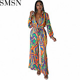 One piece jumpsuit Amazon 2022 fashion casual printing loose fitting V neck long sleeves high waist jumpsuit